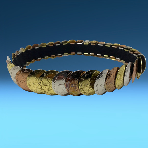 Vintage 1980s Multi Tone Metal Disc Circle Stretch Belt Disco Sz S/M Copper Gold - Picture 1 of 4